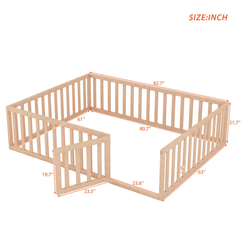 Queen Size Wood Floor Bed Frame with Fence and Door, Natural(OLD SKU:WF289663AAM)