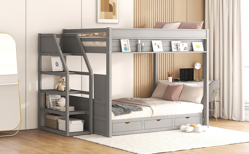 Wood Full Size Convertible Bunk Bed with Storage Staircase, Bedside Table, and 3 Drawers, Gray