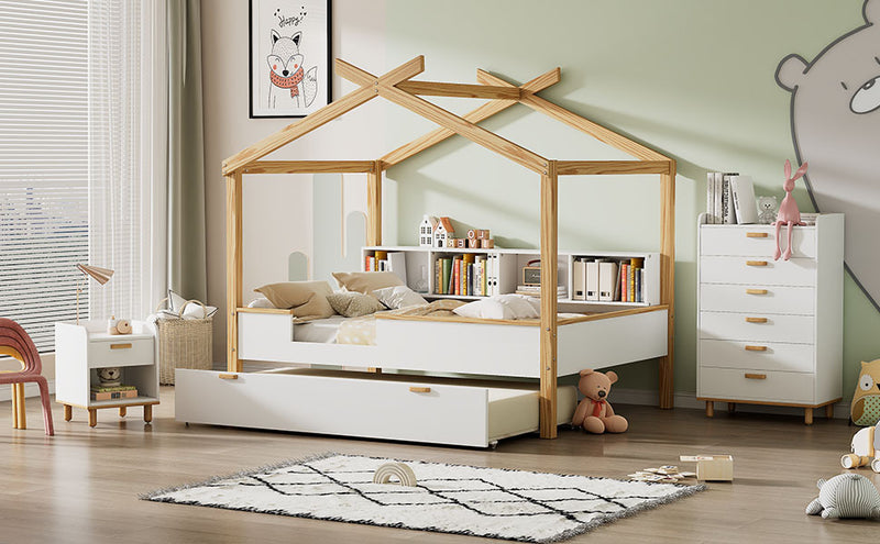 White Full Size Wooden House Bed with Original Wood Colored Frame Twin Size Trundle and Bookshelf Storage Space for Children or Guest Room