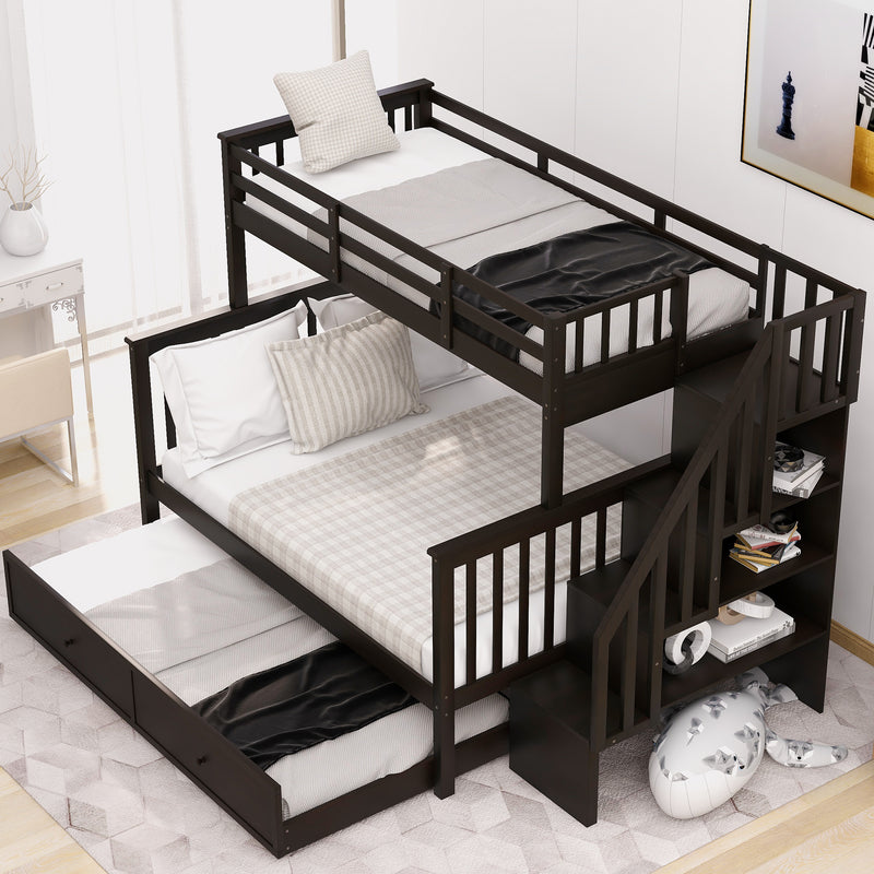 Twin-Over-Full Bunk Bed with Twin size Trundle, Storage and Guard Rail for Bedroom, Dorm, for Adults, Espresso(OLD SKU :LT000119AAP)