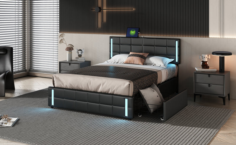 Queen Size Upholstered Platform Bed with LED Lights and USB Charging, Storage Bed with 4 Drawers, Black(Old SKU:WF302558AAB)