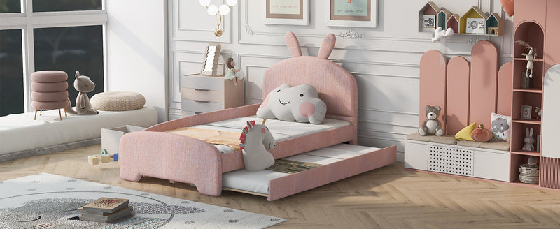 Twin Size Upholstered Platform Bed with Cartoon Ears Shaped Headboard and Trundle, Pink