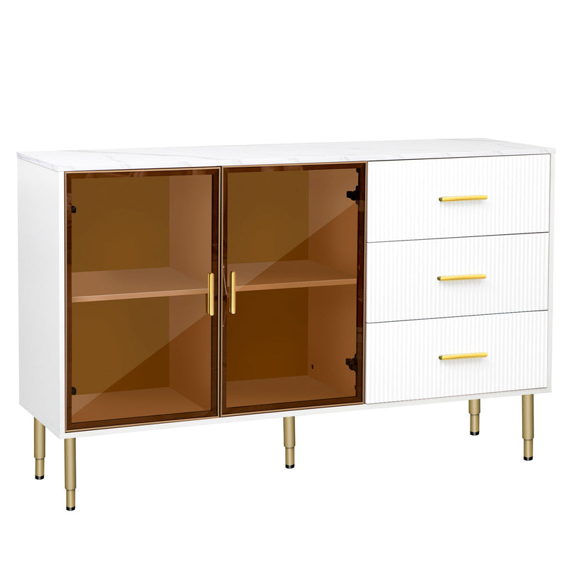 Modern Sideboard Buffet Cabinet Marble Sticker Tabletop And Amber-Yellow Tempered Glass Doors With Gold Metal Legs & Handles