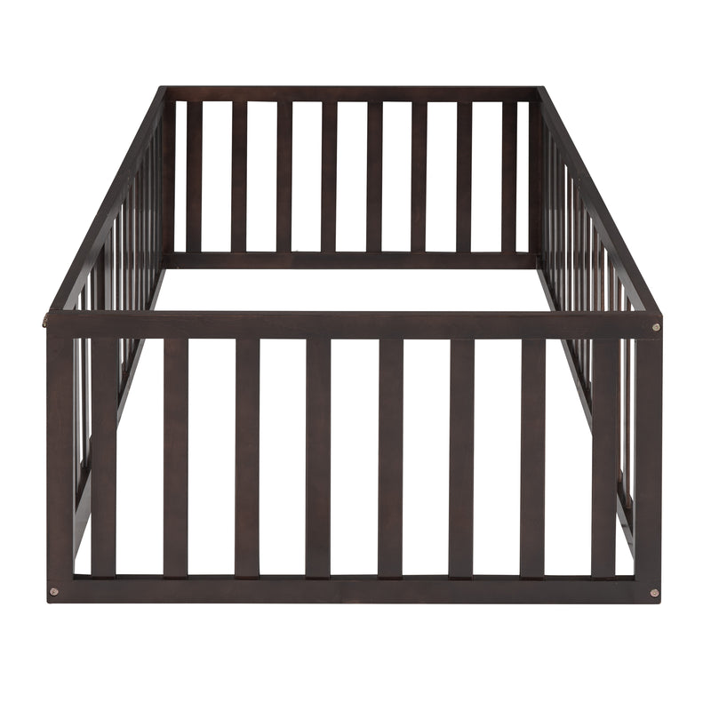 Twin Size Wood Floor Bed Frame with Fence and Door, Walnut(OLD SKU :WF289661AAL)