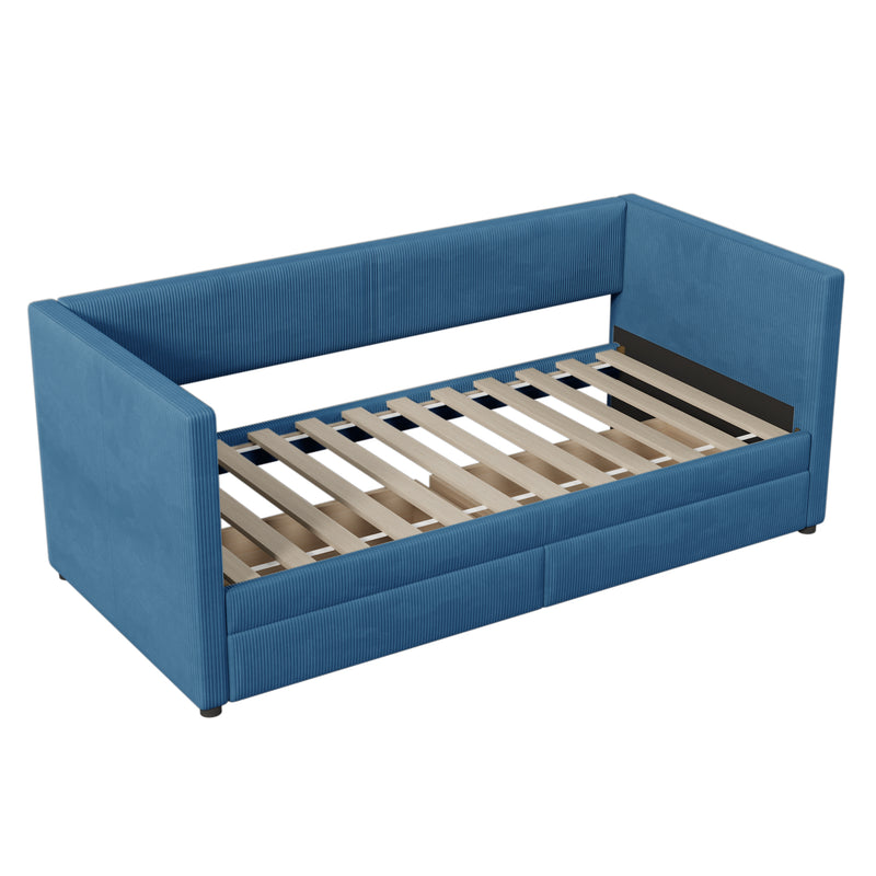 Twin Size Corduroy Daybed with Two Drawers and Wood Slat, Blue