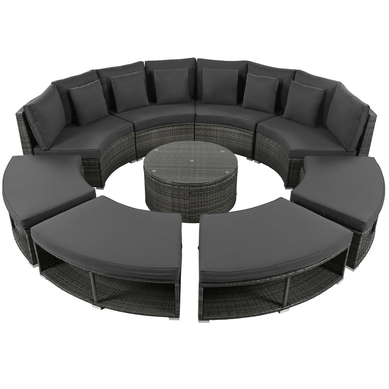 Outdoor Patio Furniture Luxury Circular Sofa Set Rattan Wicker Sectional Sofa Lounge Set With Tempered Glass Coffee Table, 6 Pillows