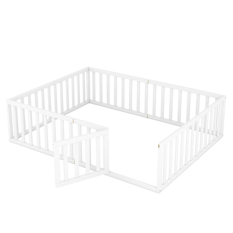 Queen  Size Wood Floor Bed Frame with Fence and Door, White(OLD SKU:WF289663AAK)