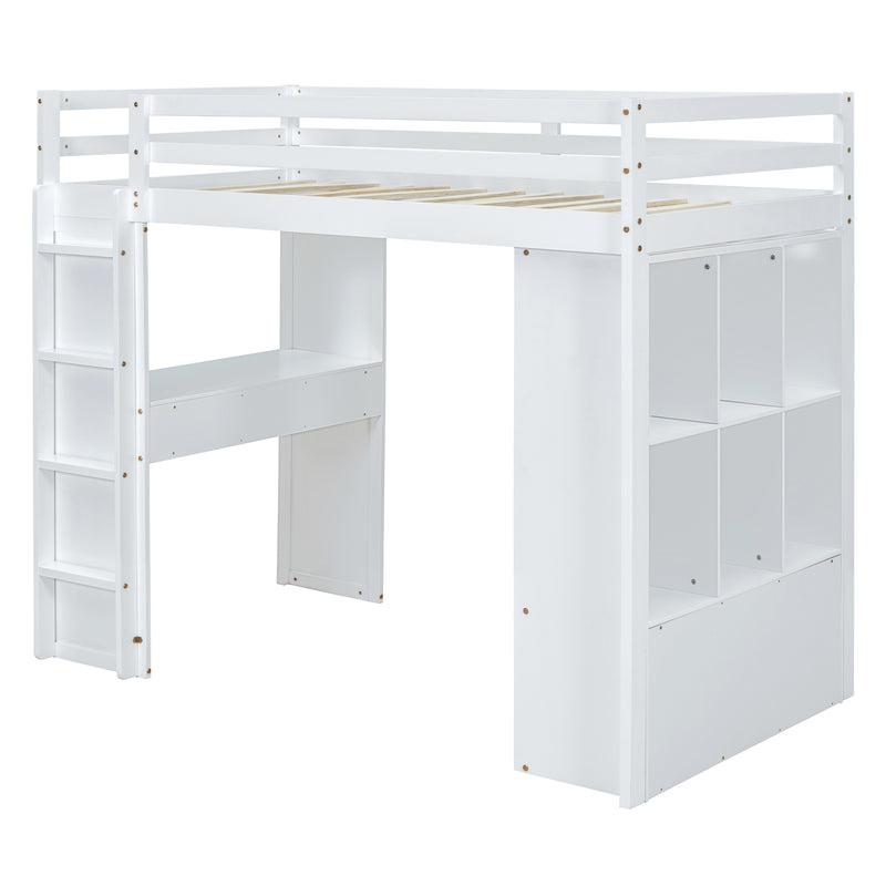 Twin Size Loft Bed with large shelves, writing desk and LED Light, White