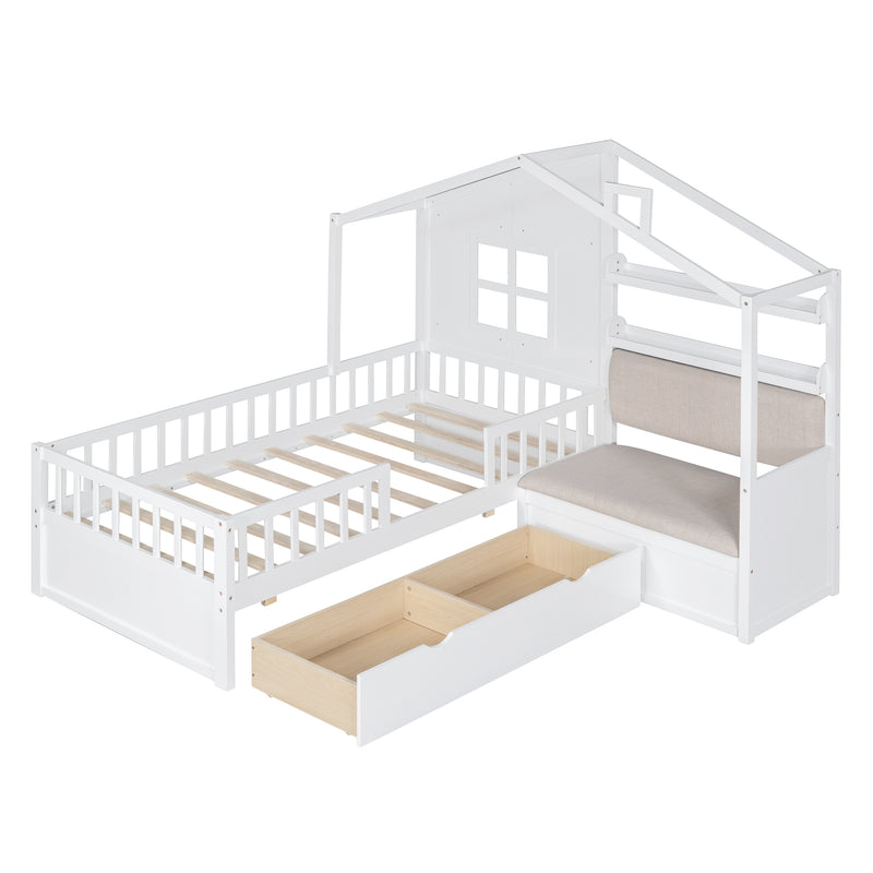 Twin Size House Bed with Sofa, Kids Platform Bed with Two Drawers and Storage Shelf, White