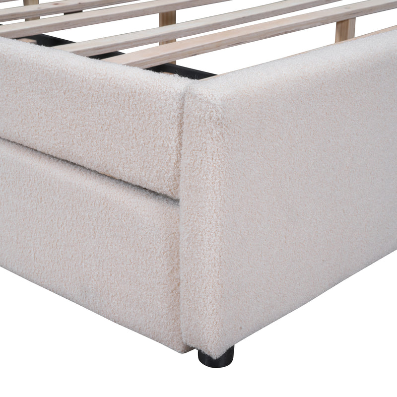 Teddy Fleece Queen Size Upholstered Platform Bed with Trundle, Beige