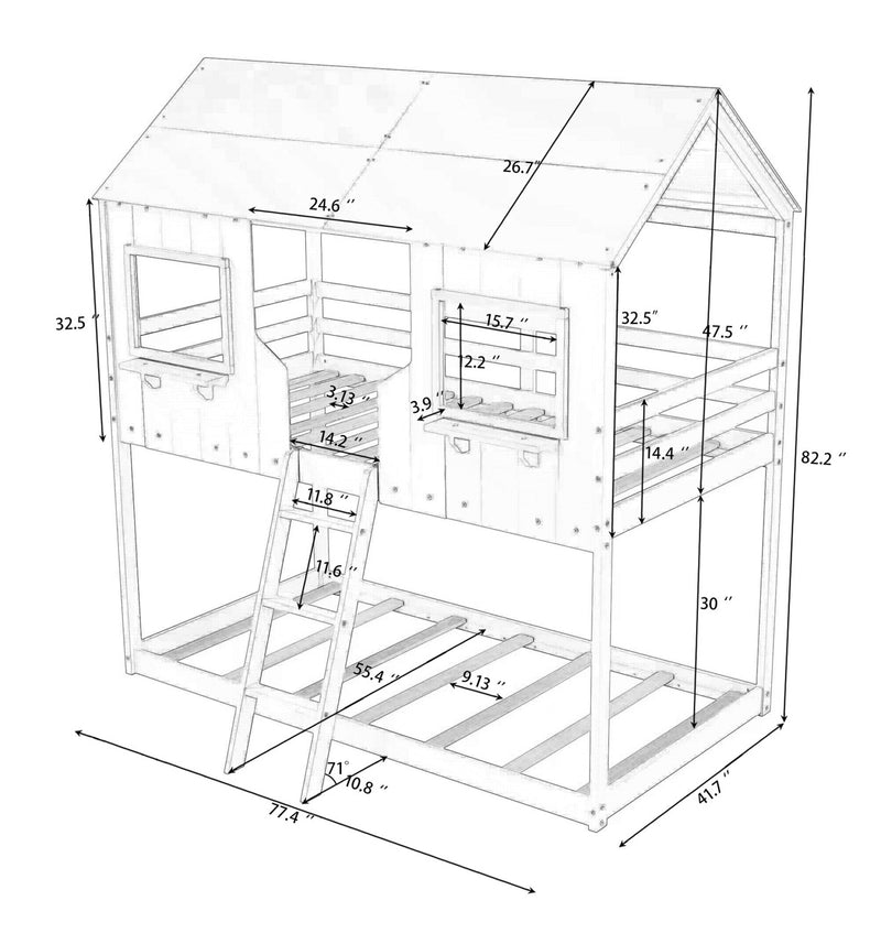Twin Over Twin Bunk Bed Wood Bed with Roof, Window, Guardrail, Ladder (White)(OLD SKU :LP000045AAK)