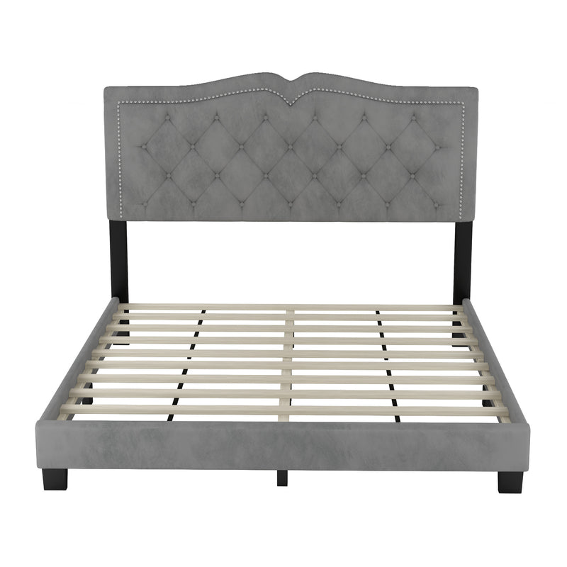 Queen Size Upholstered Bed Frame with Rivet Design, Modern Velvet Platform Bed with Tufted Headboard,Gray