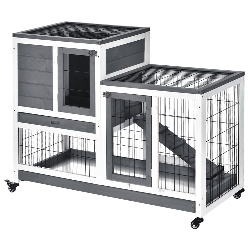 Pawhut - Wooden Rabbit Hutch Elevated Bunny Cage Indoor Small Animal Habitat With Enclosed Run With Wheels, Ramp, Removable Tray Ideal For Guinea Pigs - Gray