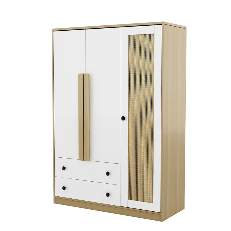 3 Doors Rattan Wardrobe Storage For Bedroom, With 2 Drawers