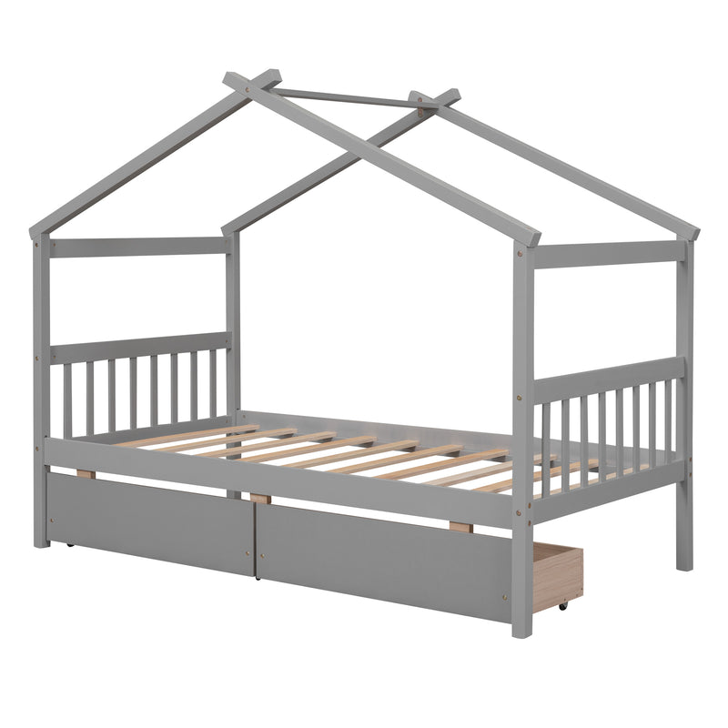 Twin Size Wooden House Bed with Drawers, Gray