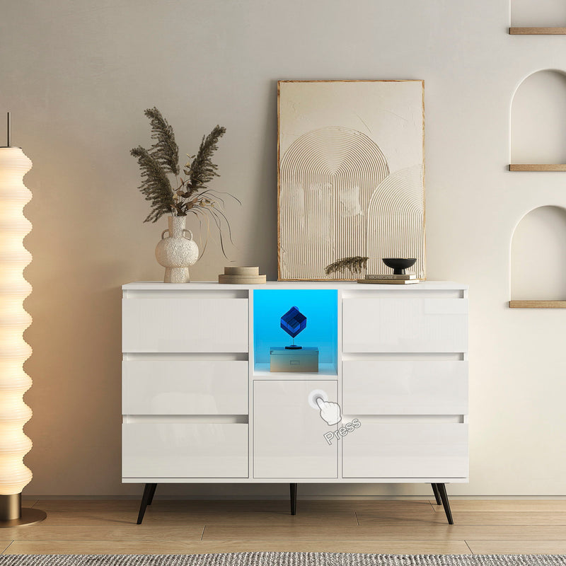 Living Room Sideboard Storage Cabinet With LED Light, Modern Kitchen Unit Cupboard Buffet Wooden Storage Display Cabinet - White