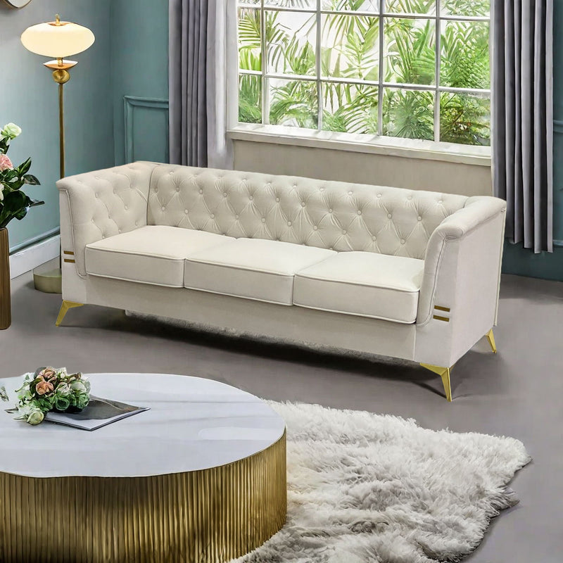 Luxurious Velvet Sofa With Gold Legs, Modern Chesterfield Design, Tufted Upholstery, 3 Seat Couch For Living Room And Office