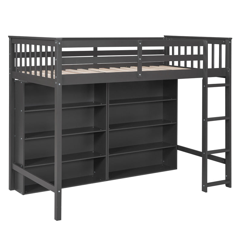 Twin Size Loft Bed with 8 Open Storage Shelves and Built-in Ladder, Gary