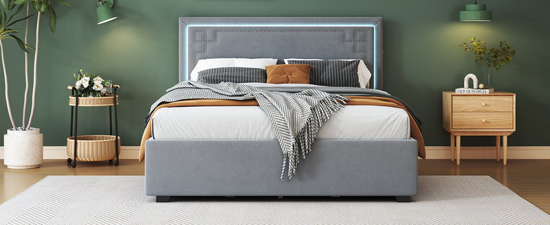 Queen Size Upholstered Platform Bed with Rivet-decorated Headboard, LED bed frame and 4 Drawers, Gray