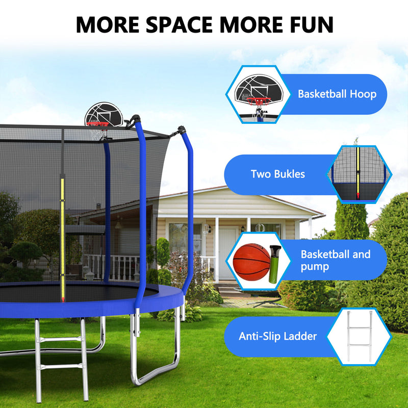 Trampoline With Basketball Hoop, Astm Approved Reinforced Type Outdoor Trampoline With Enclosure Net