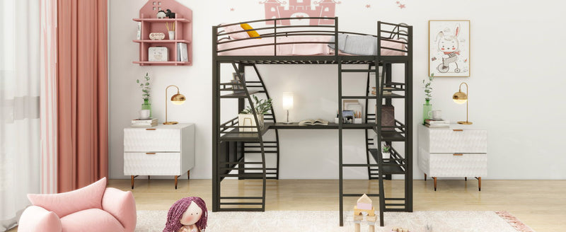 Loft Bed With 4 Layers Of Shelves And L-Shaped Desk, Stylish Metal Frame Bed With A Set Of Sockets, USB Ports And And Wireless Charging