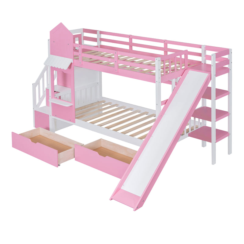 Twin-Over-Twin Castle Style Bunk Bed with 2 Drawers 3 Shelves and Slide - Pink