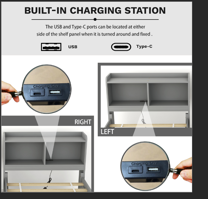 Twin Size Bed with  built-in USB ,Type-C Ports, LED light, Bookcase Headboard, Trundle and 3 Storage Drawers, Twin Size Bed with  Bookcase Headboard, Trundle and Storage drawers ,Grey