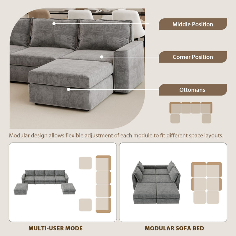 Chenille Modular Sectional Sofa, U Shaped Reversible Couch, Free Combination, 6 Seat Sleeper Sofa Bed With Ottoman, Convertible Oversized Indoor Furniture - Gray