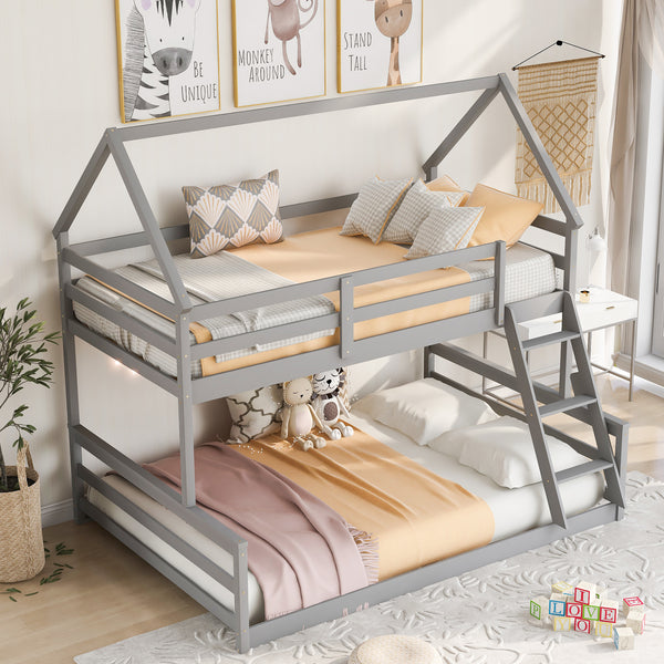 Twin over Full House Bunk Bed with Built-in Ladder,Gray