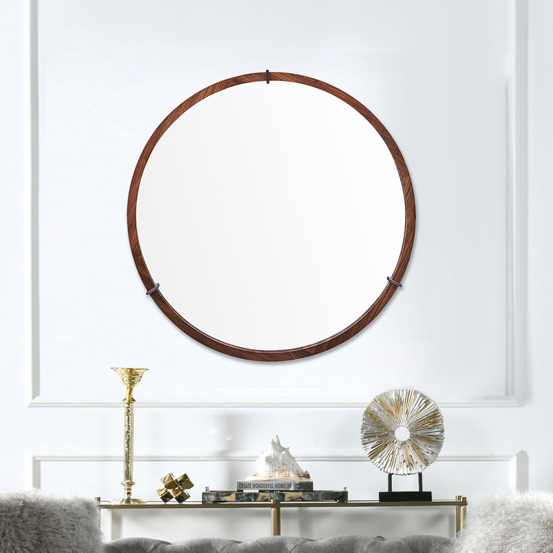 Hausen - Mid-Century Modern Round Accent Wall Mirror - Brown Walnut