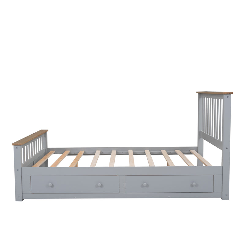 Queen Size Wood Platform Bed with Two Drawers and Wooden Slat Support,Gray+Natrual