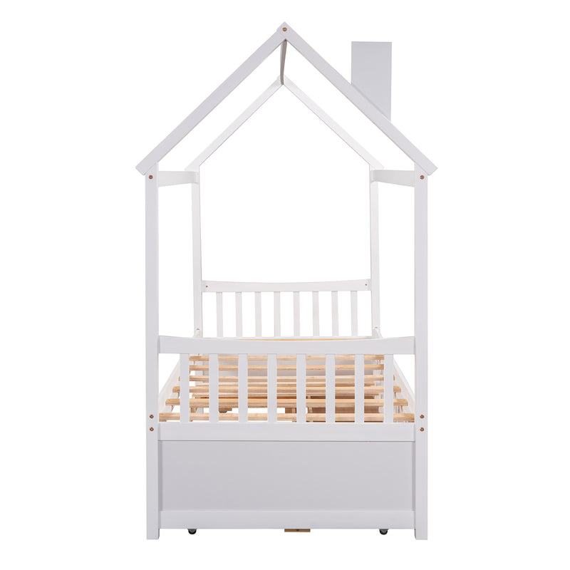 Twin size Wooden House Bed with Trundle and 3 Storage Drawers-White