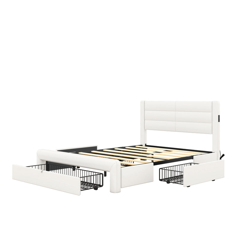 Queen Size Bed Frame with Drawers Storage, Leather Upholstered Platform Bed with Charging Station, White (Expect arrive date Jan. 12th. 2024)