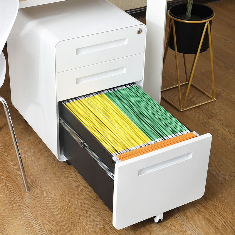 3 Drawer Mobile File Cabinet Under Desk Office, Simple Style Versatile Storage Cabinet For Legal / Letter / A4 Files, 5 Wheel Design Anti-Tilting Cold Rolled Steel Waterproof Moisture-Proof