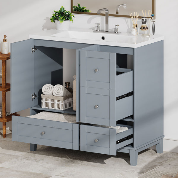 Modern Bathroom Vanity With USB Charging, Two Doors And Three Drawers Bathroom Storage Vanity Cabinet With Single Top, Small Bathroom Vanity Cabinet With Sink - White / Gray Blue