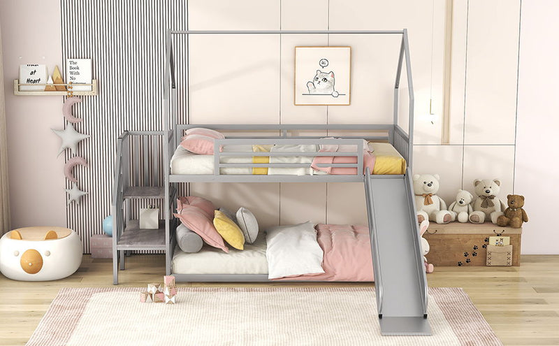 Twin Over Twin Metal Bunk Bed House Bed With Slide And Staircase