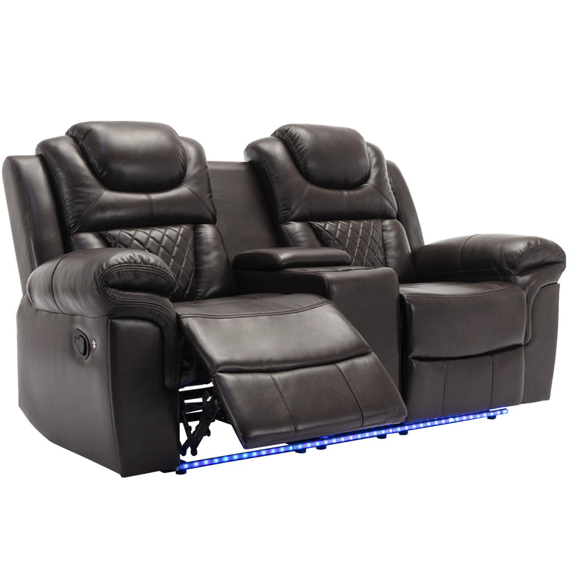 Home Theater Seating Manual Recliner Loveseat With Hide-Away Storage, Cup Holders And Led Light Strip For Living Room