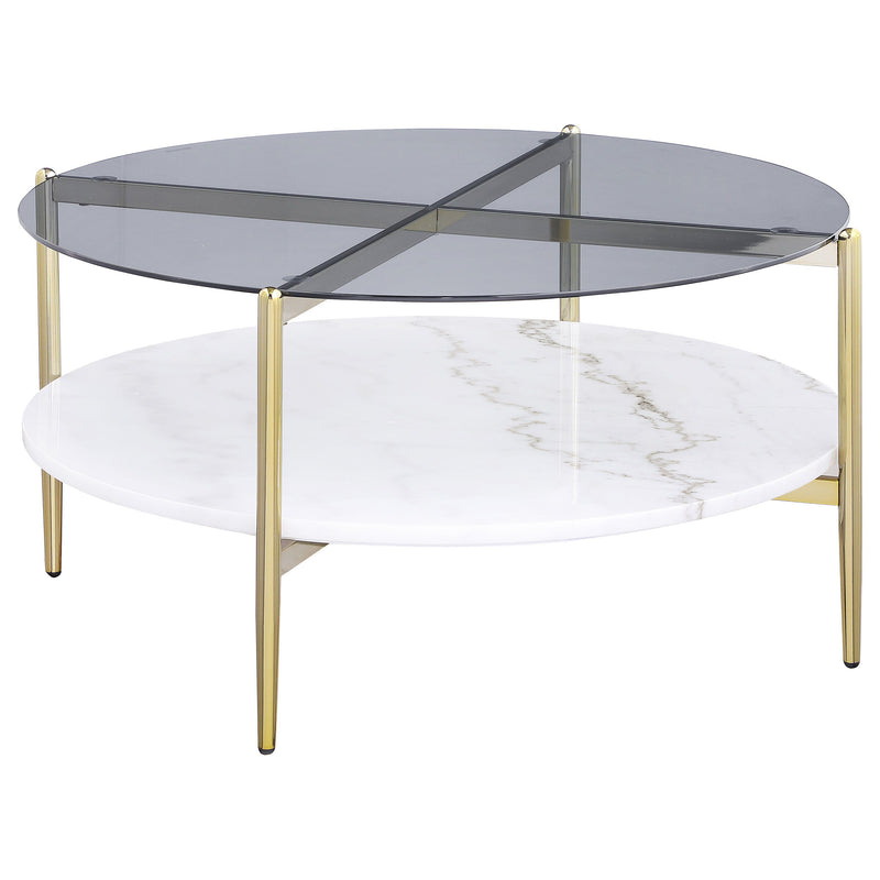 Jonelle - Round Glass Top Coffee Table White Marble Shelf Gold - Smoke