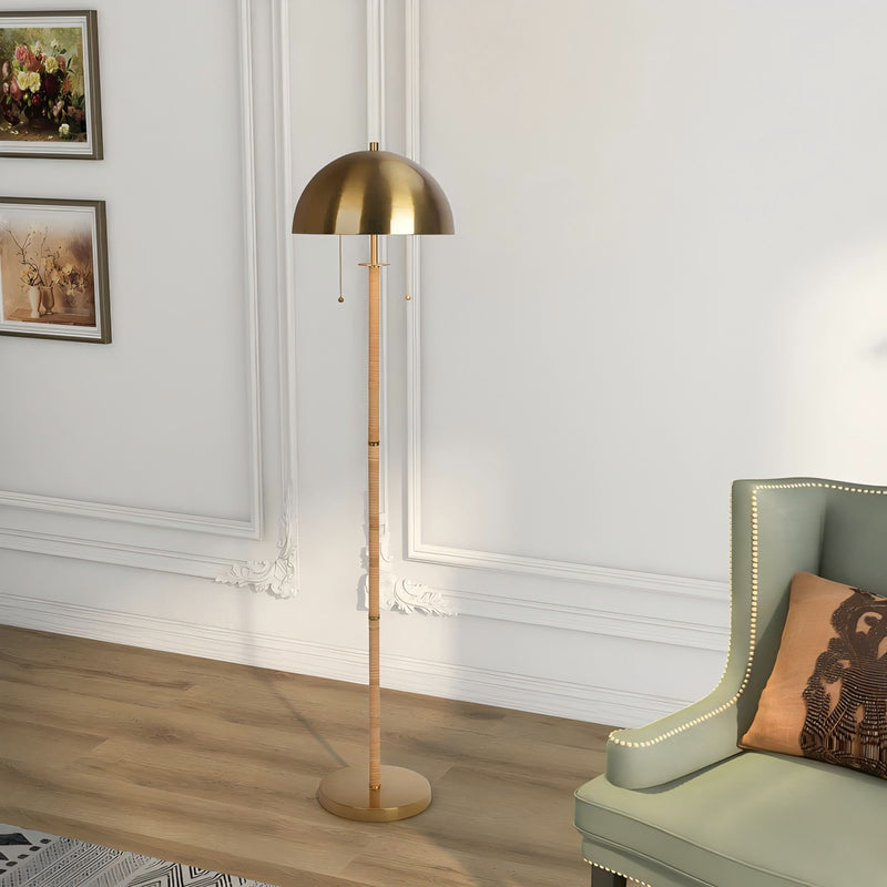 Allure - 2 Light Floor Lamp, Gold, Natural Tube, Double On / Off Pull Chain - Gold / Rattan