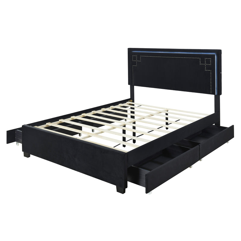 Queen Size Upholstered Platform Bed with Rivet-decorated Headboard, LED bed frame and 4 Drawers, Black