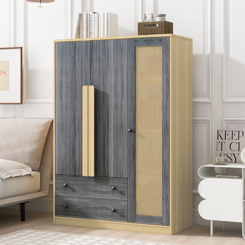 3 Doors Rattan Wardrobe Storage For Bedroom, With 2 Drawers