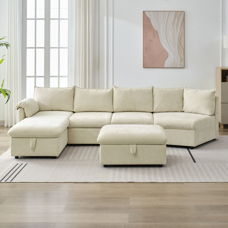 L-Shaped Sofa Sectional Sofa Couch Pull-Out Sofa Bed With A Movable Storage Ottoman, A Storage Chaise Lounge And Two USB Ports For Living Room