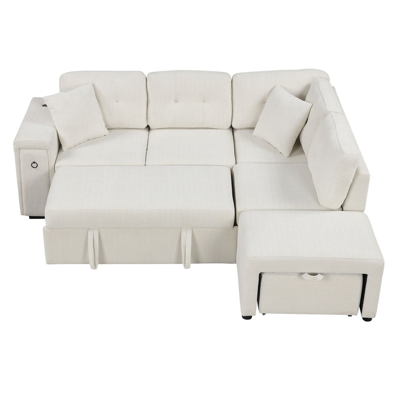 Sectional Sofa L-Shaped Sofa Couch Pull-Out Sofa Bed With A Movable Ottoman, Two USB Ports And Two Cup Holders For Living Room