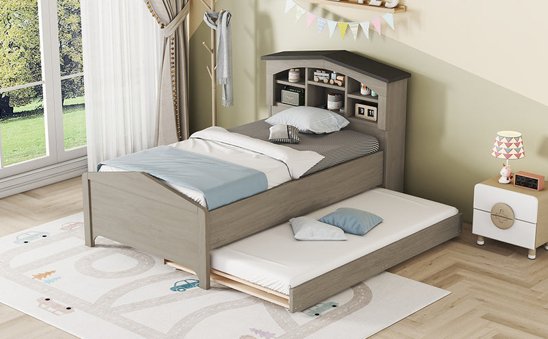 Twin Size Wood Platform Bed with House-shaped Storage Headboard and Trundle, Gray