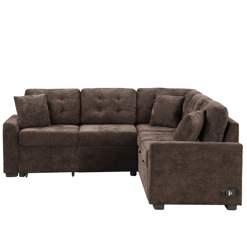 L-Shape Sofa Bed Pull-Out Sleeper Sofa With Wheels, USB Ports, Power Sockets For Living Room