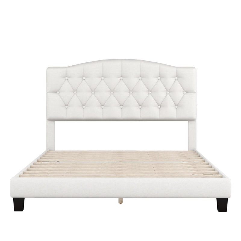 Upholstered Platform Bed with Saddle Curved Headboard and Diamond Tufted Details, Queen, Beige