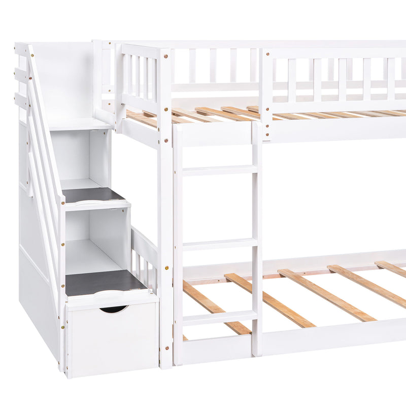 Stairway Twin Over Twin Bunk Bed With Two Drawers And Slide - White