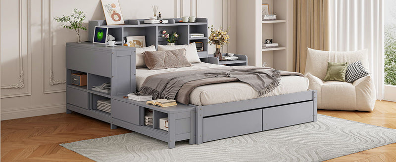 Platform Bed With Multi Functional Storage Space, Nightstand, 2 Drawers, USB Ports And Desk