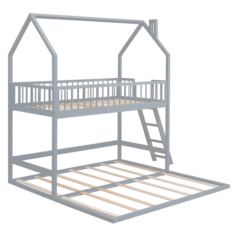 Twin Over Twin-Twin House Bunk Bed with Extending Trundle and Ladder