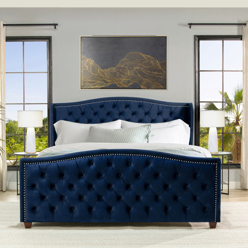 Marcella - King Upholstered Shelter Headboard Bed Set - Navy Blue